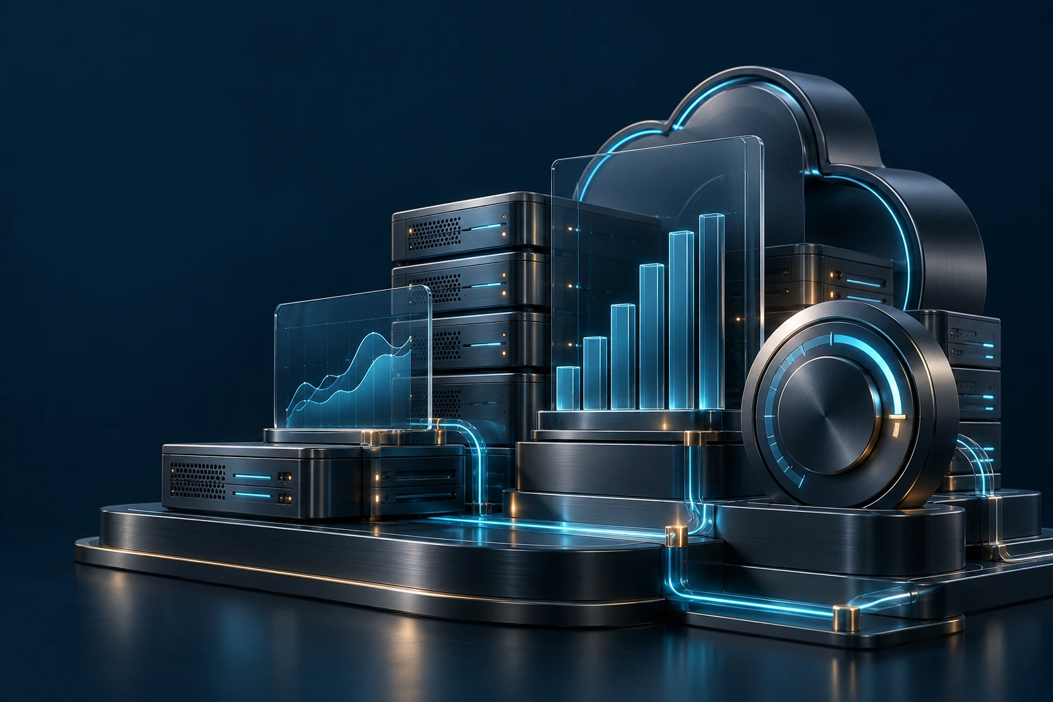 Composição de servidores cloud, gráficos de consumo e um controle de eficiência